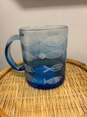 The Spring Shop Blue Glass Mug with White Fish Pattern